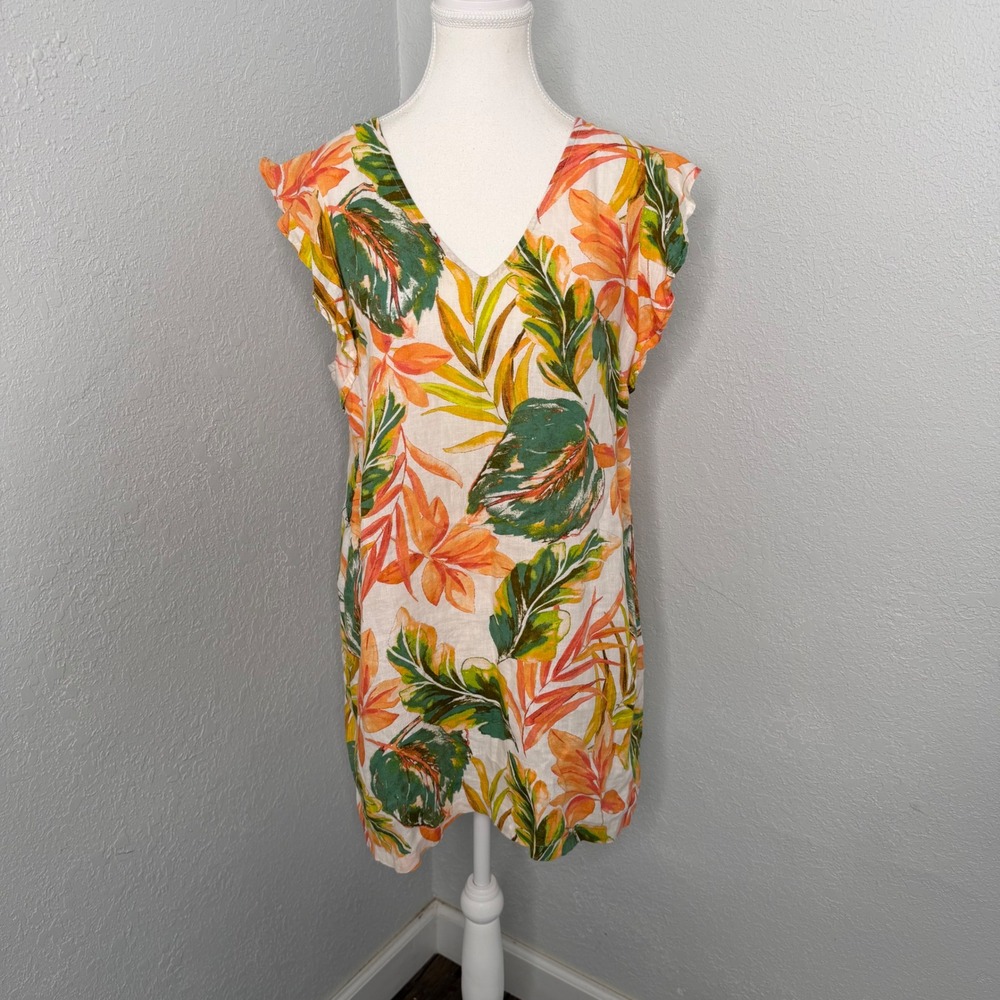 Nicole Miller New‎ York Women Linen Tropical Floral Ruffle Sleeve Mini Dress M
